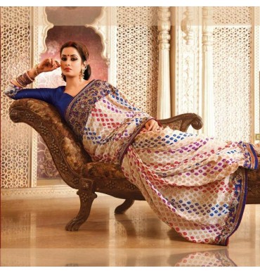 Cream and Navy Blue Saree